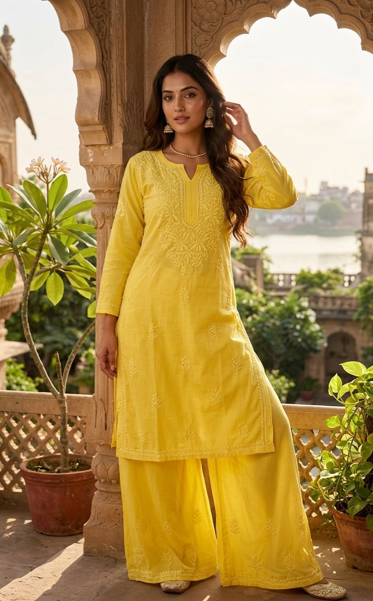Exclusive Lucknowi Chikankari Handwork Dyeable Plazo Set