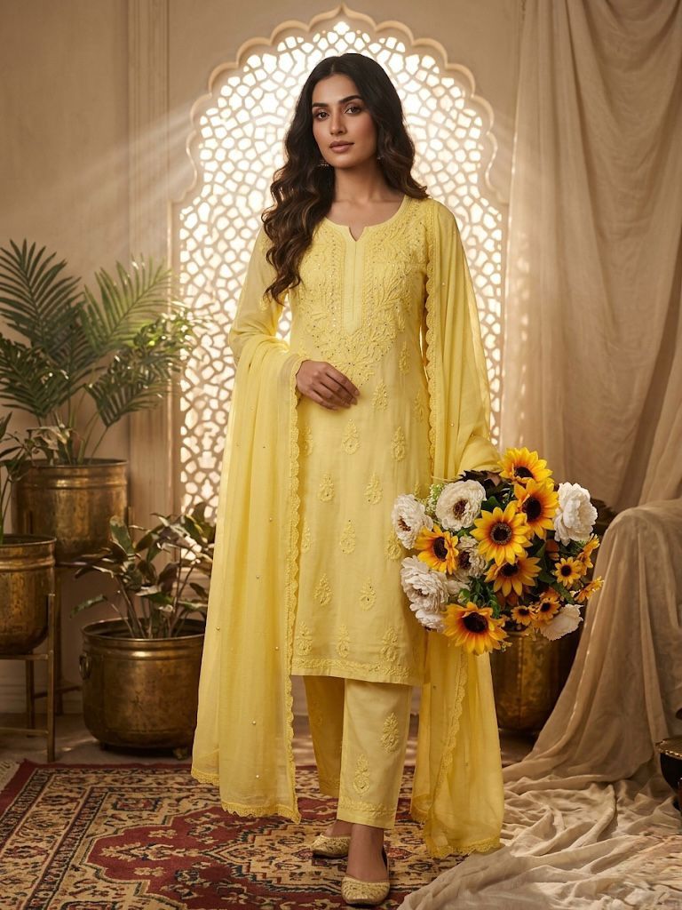 Chikankari Embroidery Plazo Kurti Dupatta Set