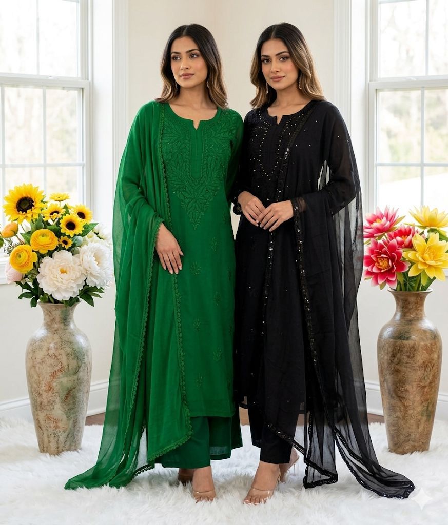 Chikankari Embroidery Plazo Kurti Dupatta Set