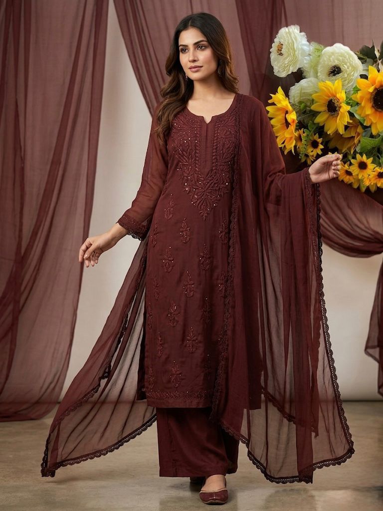 Chikankari Embroidery Plazo Kurti Dupatta Set