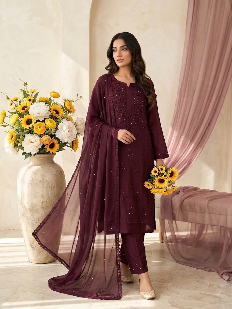 Chikankari Embroidery Plazo Kurti Dupatta Set