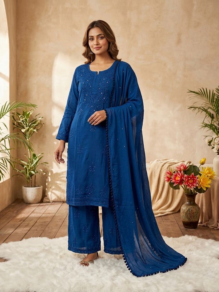 Chikankari Embroidery Plazo Kurti Dupatta Set