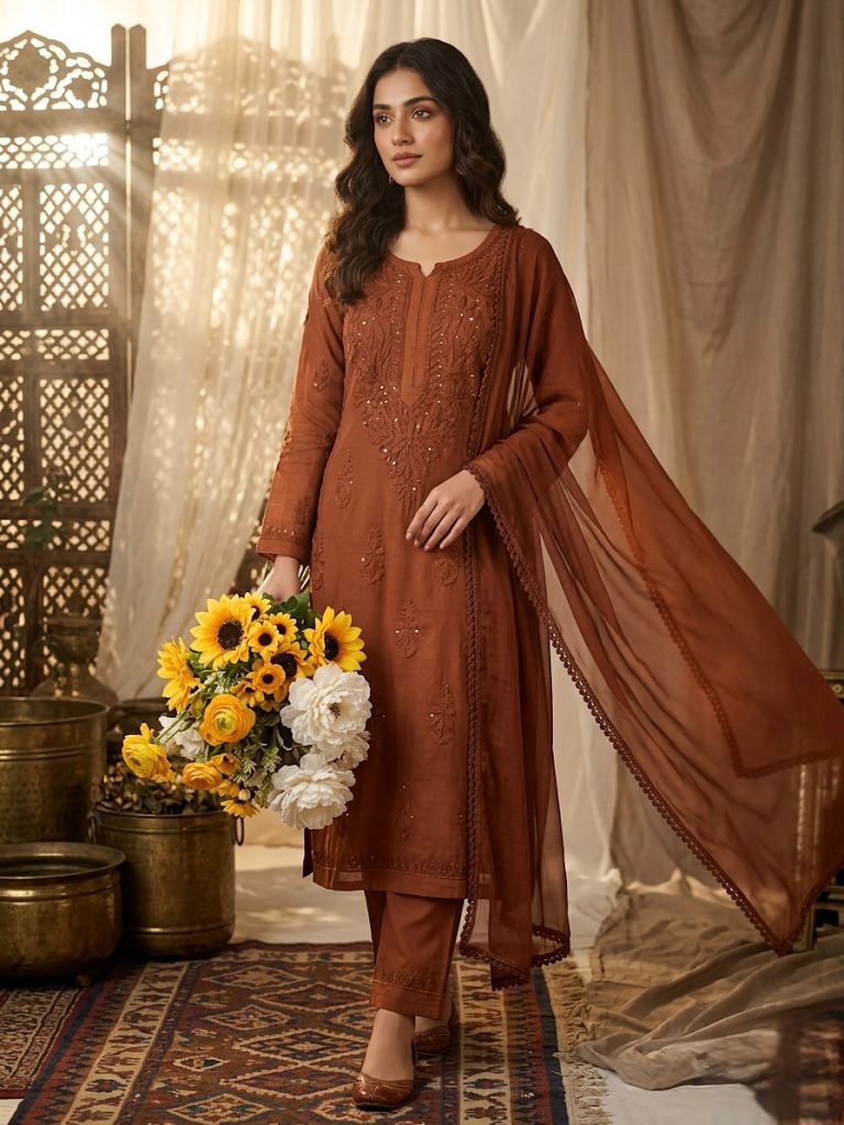 Chikankari Embroidery Plazo Kurti Dupatta Set