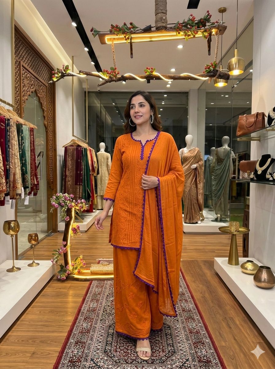 resham viscouse jall kurti & plazo quraishiyea Dupatta with lace pattern