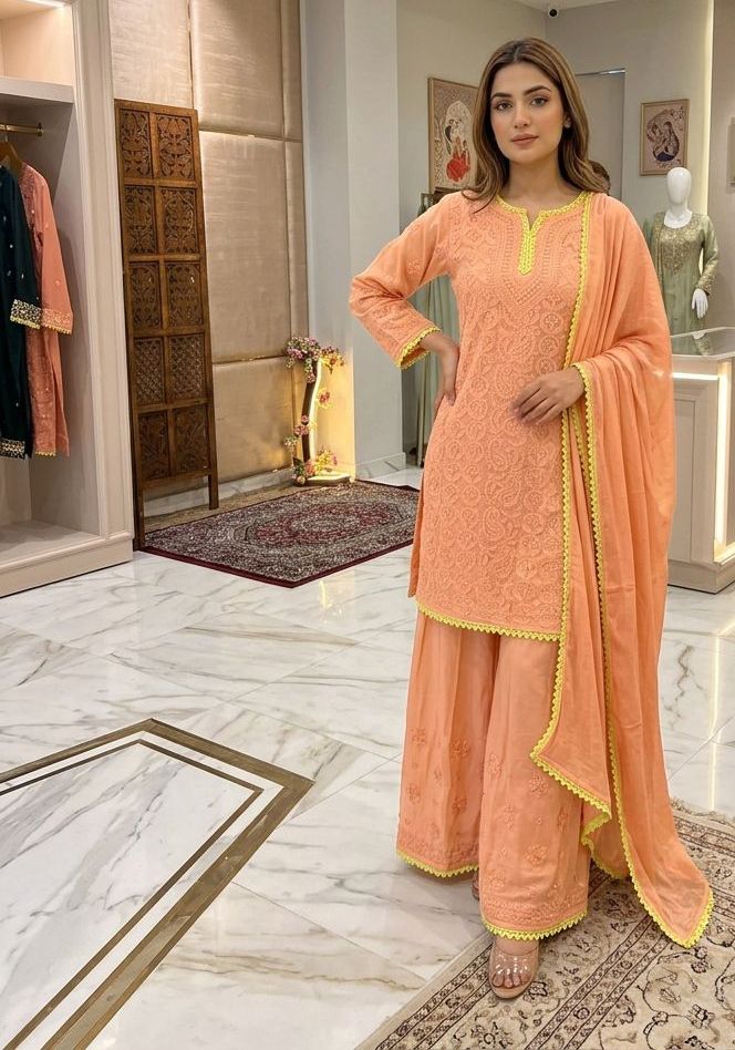 resham viscouse jall kurti & plazo quraishiyea Dupatta with lace pattern