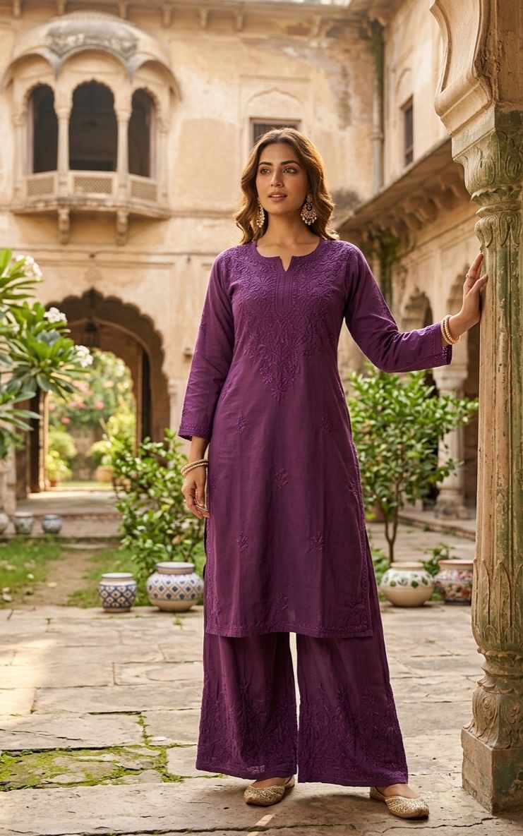 Exclusive Lucknowi Chikankari Handwork Dyeable Plazo Set
